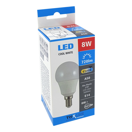 žiarovka E14 LED  8W 6500K SB A50 Trixline