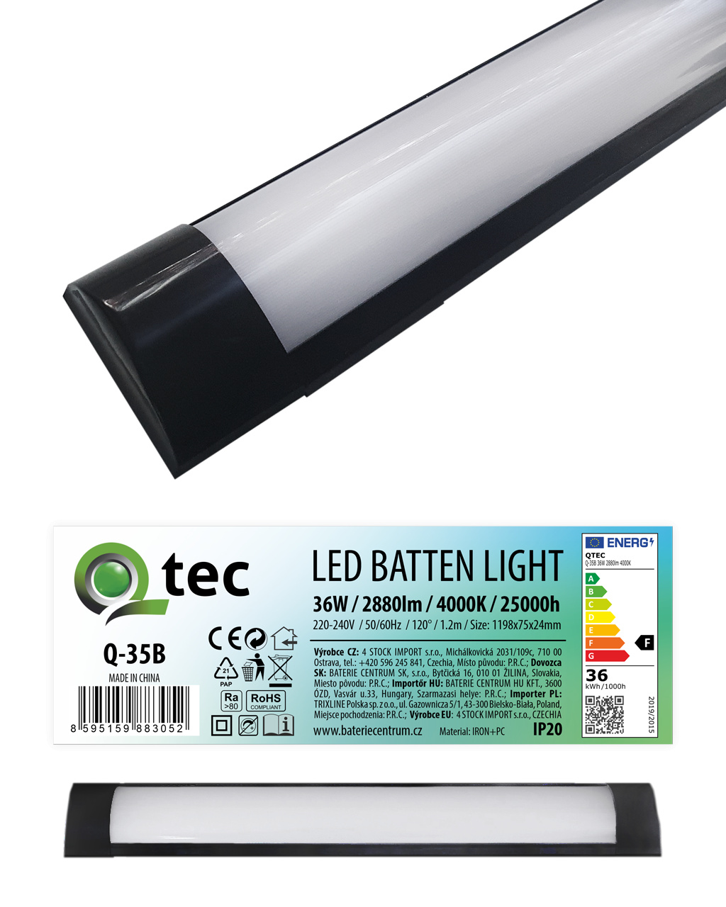 svietidlo LED 36W 4000K BATTEN LIGHT podlinkové Čierne Q-35B